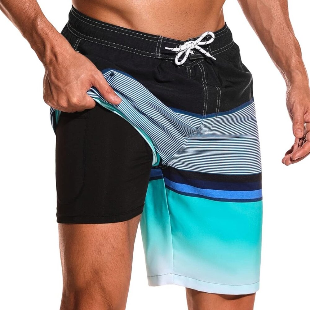 Mens Swim Trunks with Compression Liner 9" Beach Board Shorts Men 2 in 1 Quick D